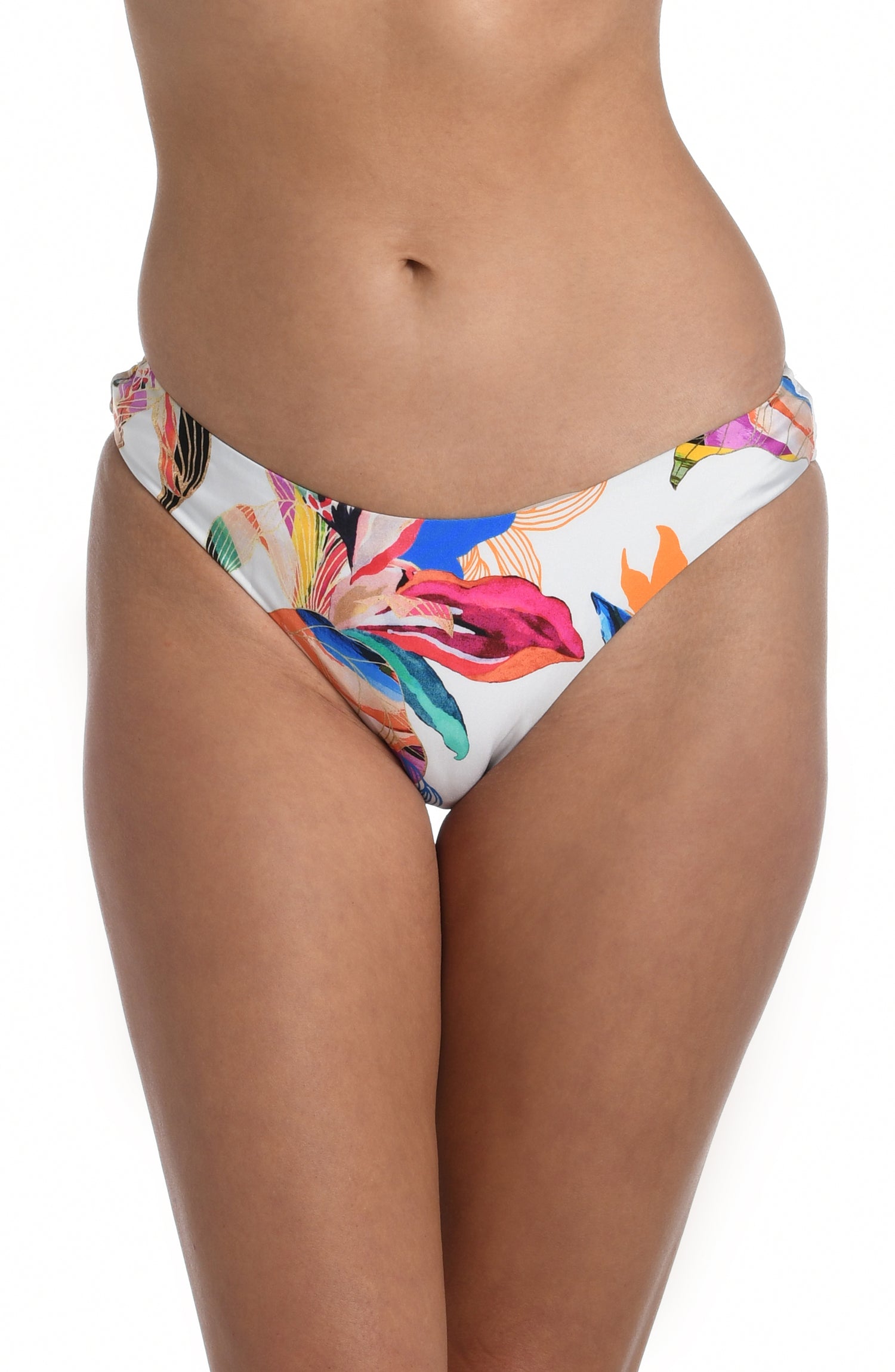 Model is wearing a multi colored tropical printed hipster bottom from our Paradise City collection!