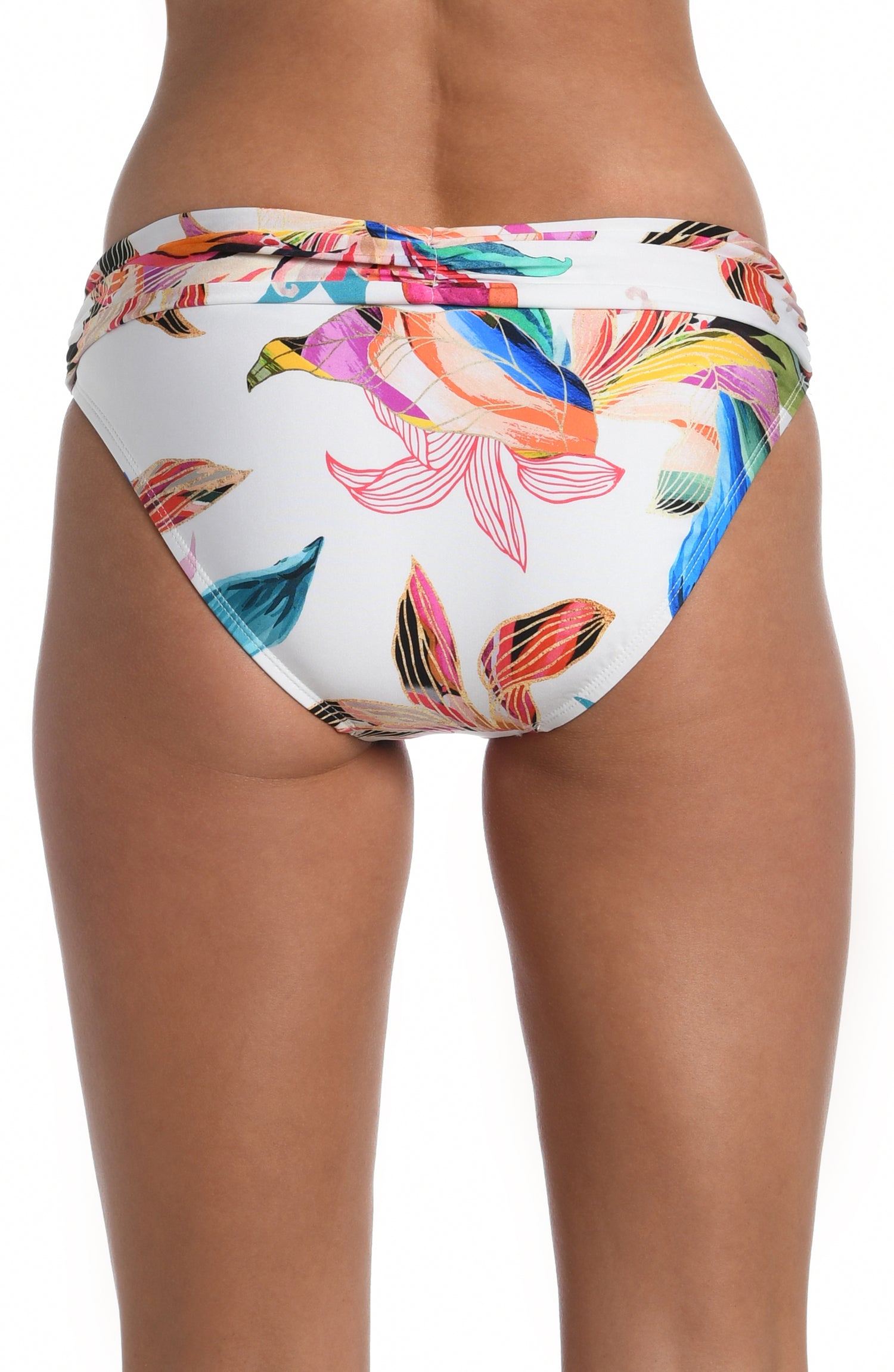 Model is wearing a multi colored tropical printed shirred band hipster bottom from our Paradise City collection!