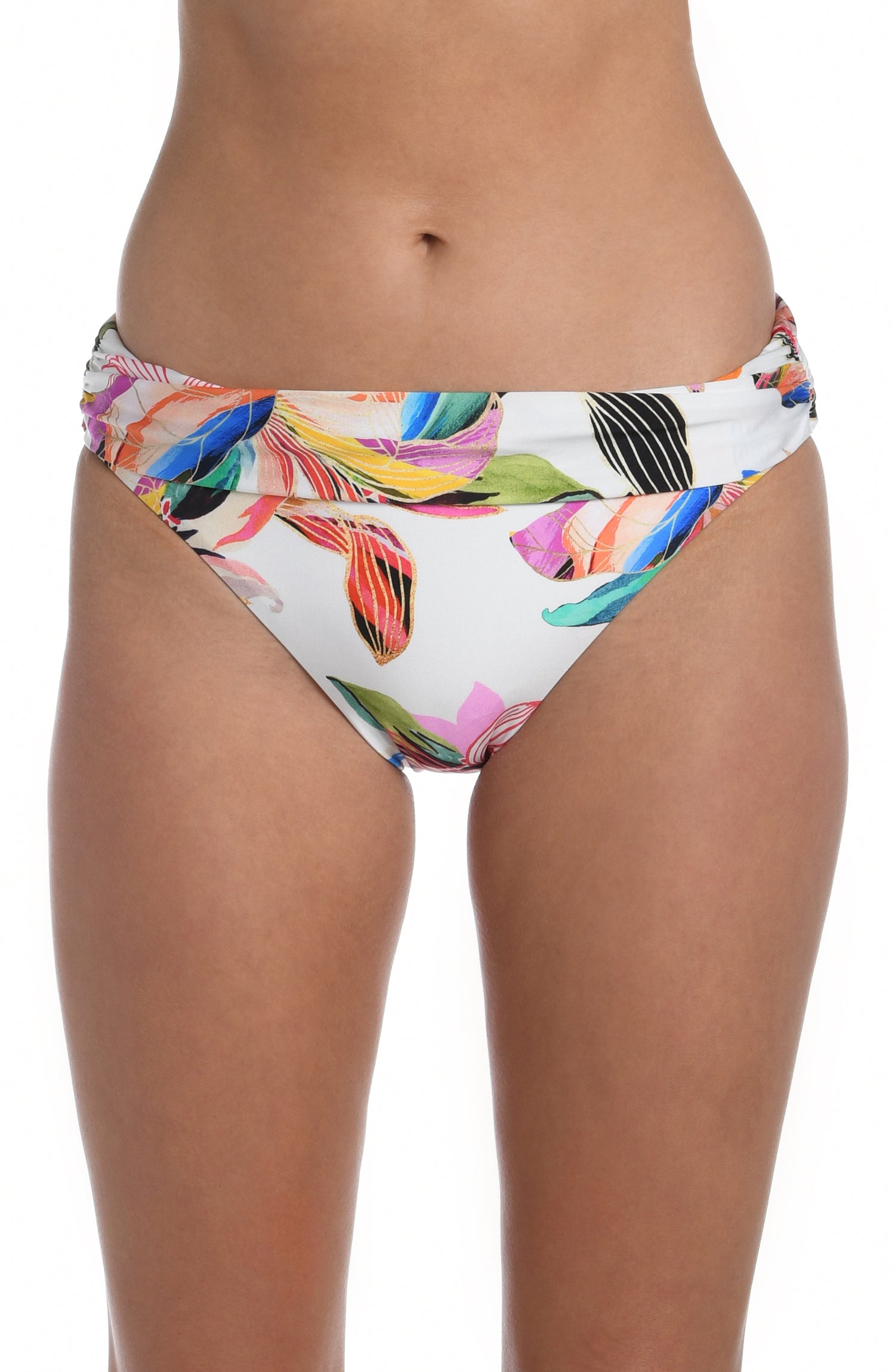 Model is wearing a multi colored tropical printed shirred band hipster bottom from our Paradise City collection!