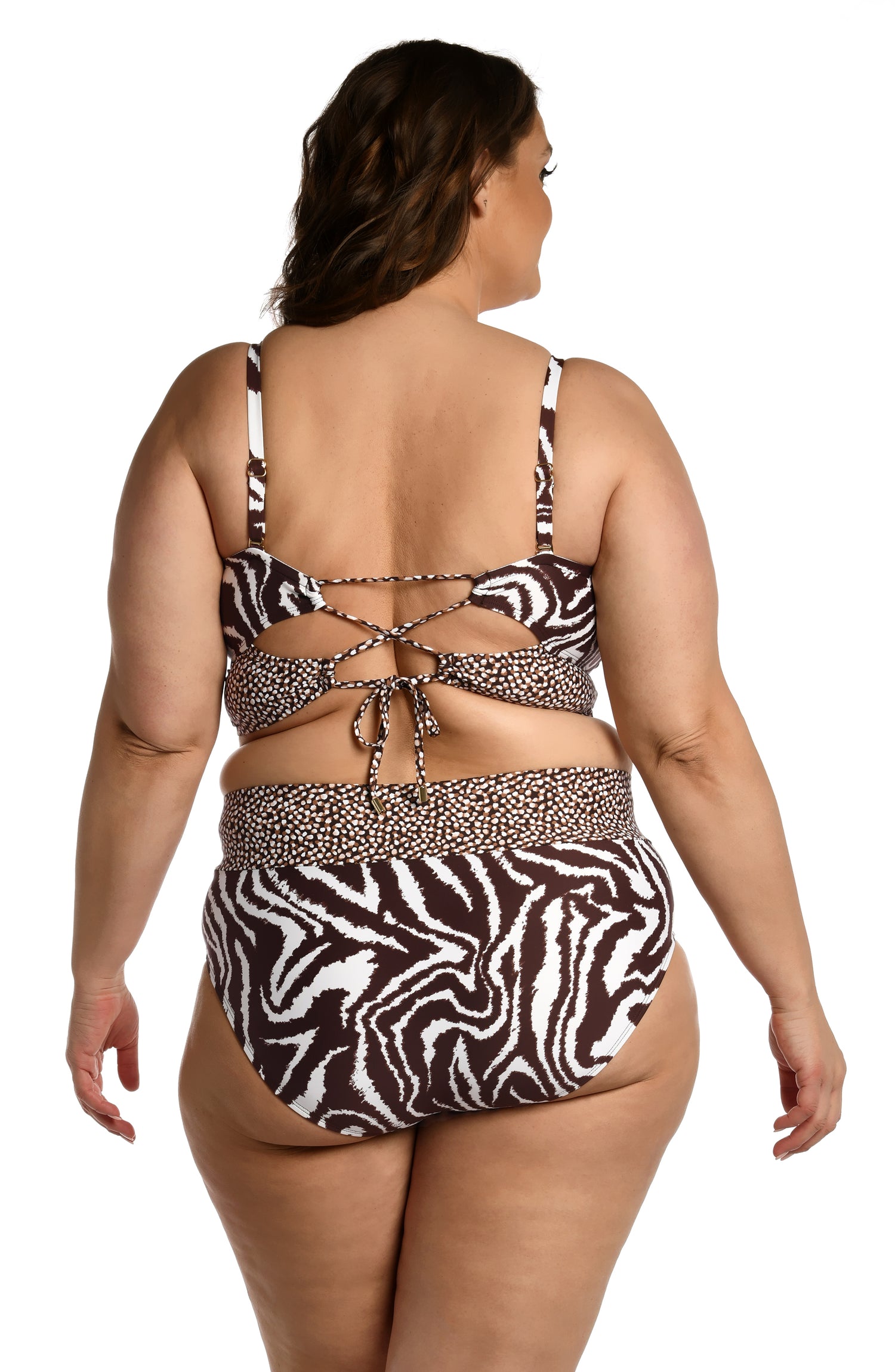 Model is wearing a java colored animal printed bandeau midkini top in our Fierce Lines collection!