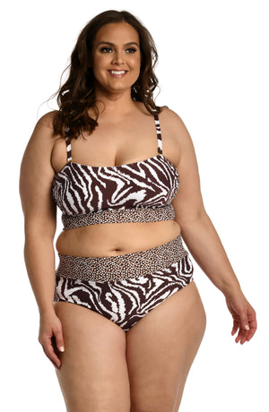 Model is wearing a java colored animal printed bandeau midkini top in our Fierce Lines collection!