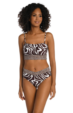 Model is wearing a java colored animal printed bandeau midkini top in our Fierce Lines collection!