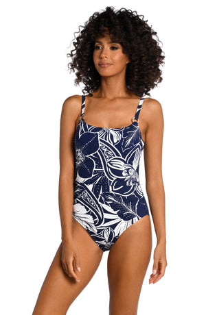 Model is wearing an indigo colored print with pops of white on this lingerie one piece from our At the Playa collection!