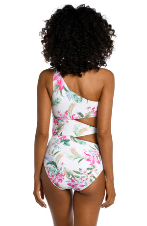 
            
                Load image into Gallery viewer, Model is wearing multi colored tropical print on a white backround with this one shoulder one piece from our Mystic Palms collection!
            
        