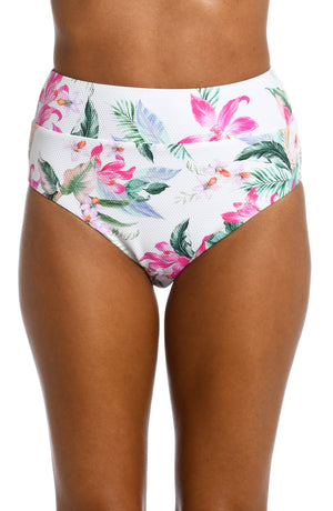 
            
                Load image into Gallery viewer, Model is wearing multi colored tropical print on a white backround with this high waist bottom from our Mystic Palms collection!
            
        