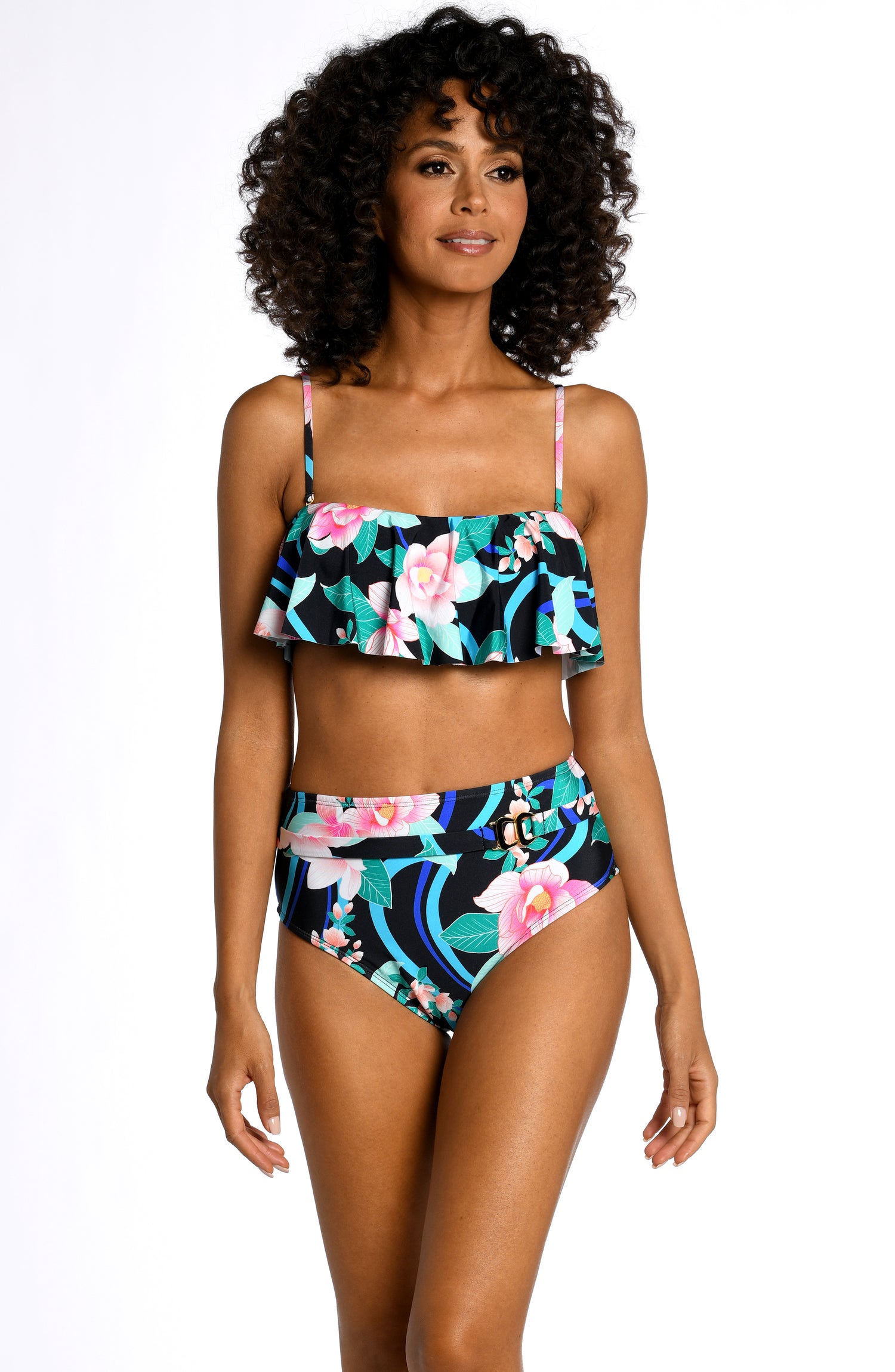 Model is wearing pink multi colored tropical foral print on this ruffle bandeau top from our Nightfall Blooms collection!