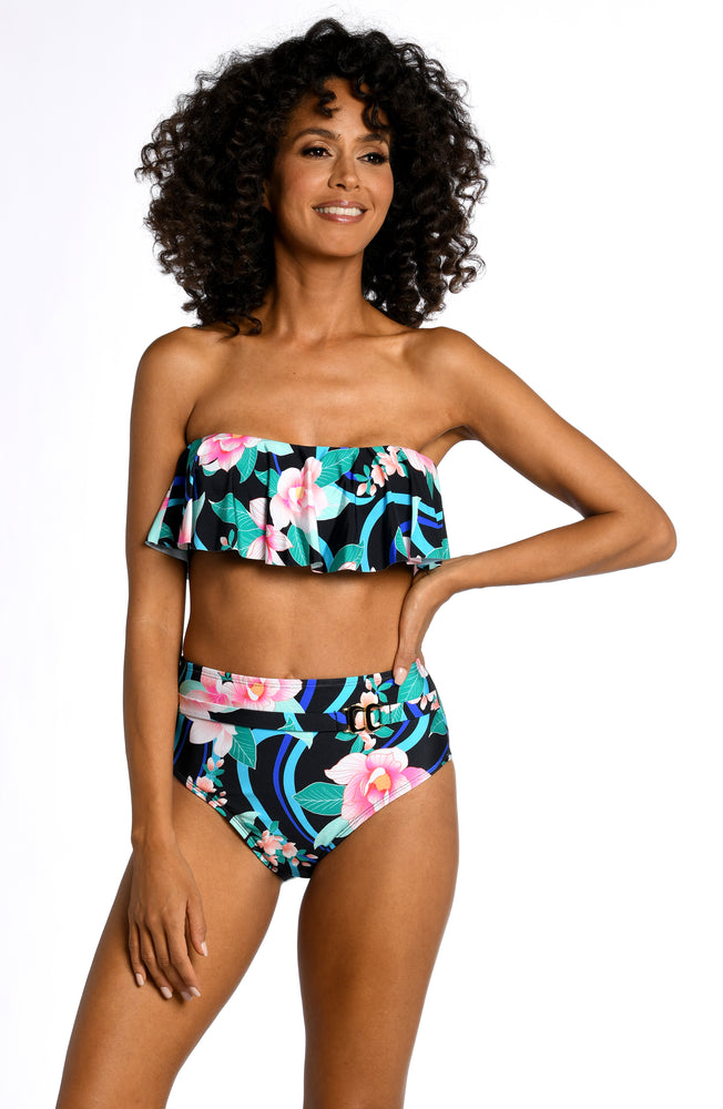 
            
                Load image into Gallery viewer, Model is wearing pink multi colored tropical foral print on this ruffle bandeau top from our Nightfall Blooms collection!
            
        