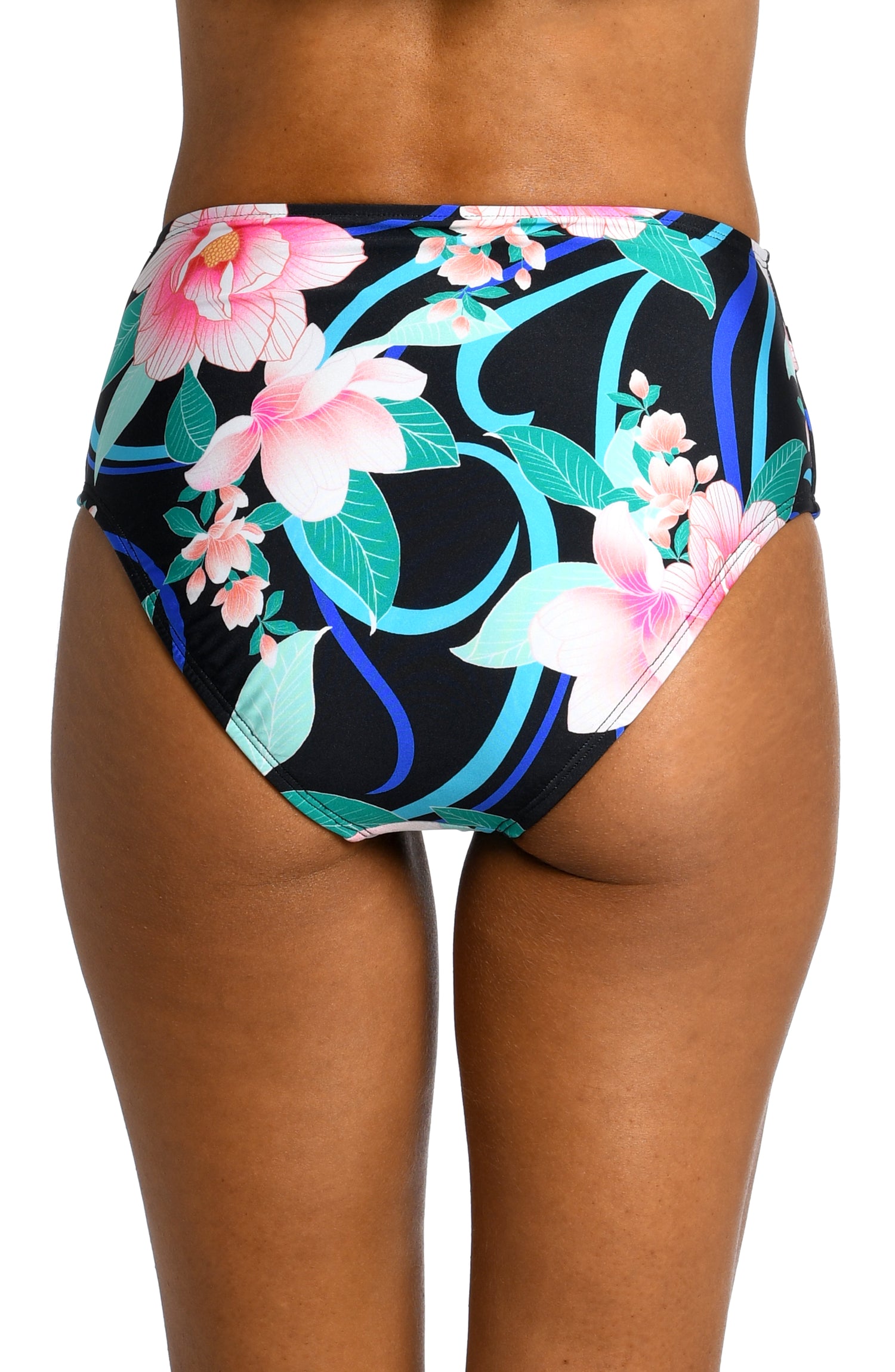 Model is wearing pink multi colored tropical foral print on this high waist bottom from our Nightfall Blooms collection!