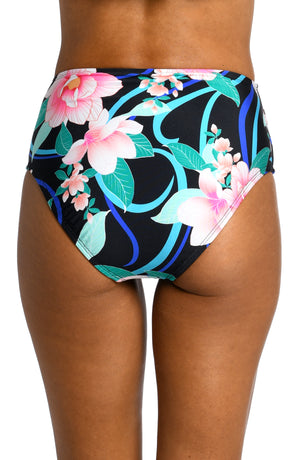 
            
                Load image into Gallery viewer, Model is wearing pink multi colored tropical foral print on this high waist bottom from our Nightfall Blooms collection!
            
        