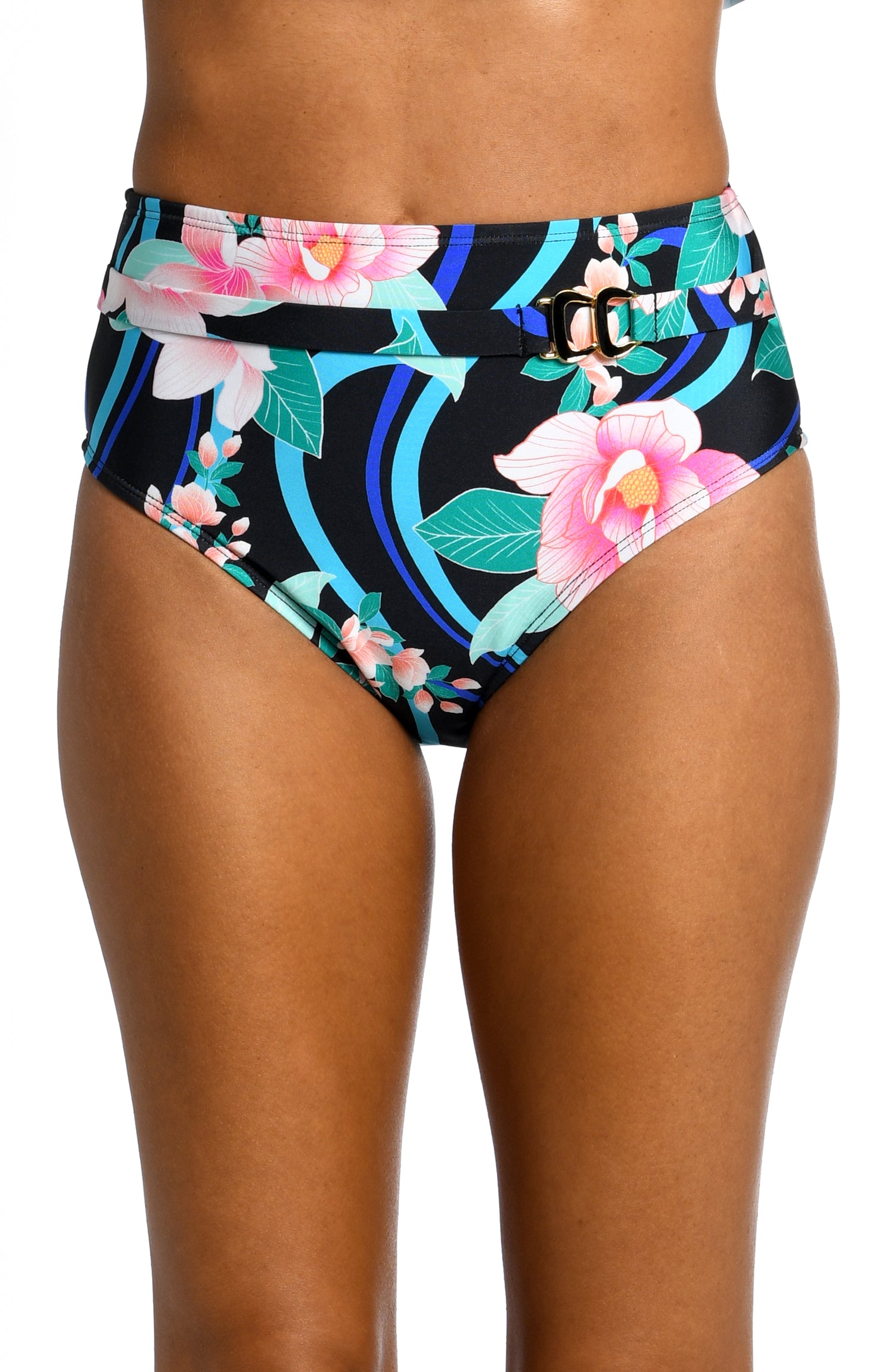 Model is wearing pink multi colored tropical foral print on this high waist bottom from our Nightfall Blooms collection!