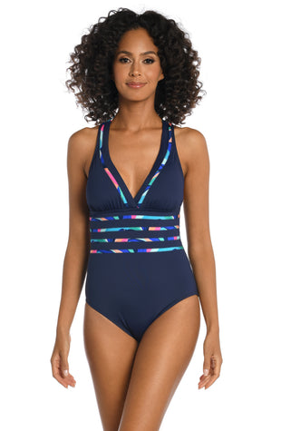 La Blanca Swimsuit Bathing Suit Abstract Print Ruching Built in