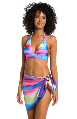 
            
                Load image into Gallery viewer, Model is wearing a multi colored ombre printed pareo wrap cover up from our Sunset Shores collection!
            
        