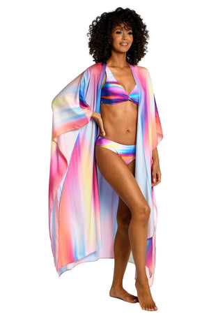 Model is wearing a multi colored ombre printed kimono cover up from our Sunset Shores collection!