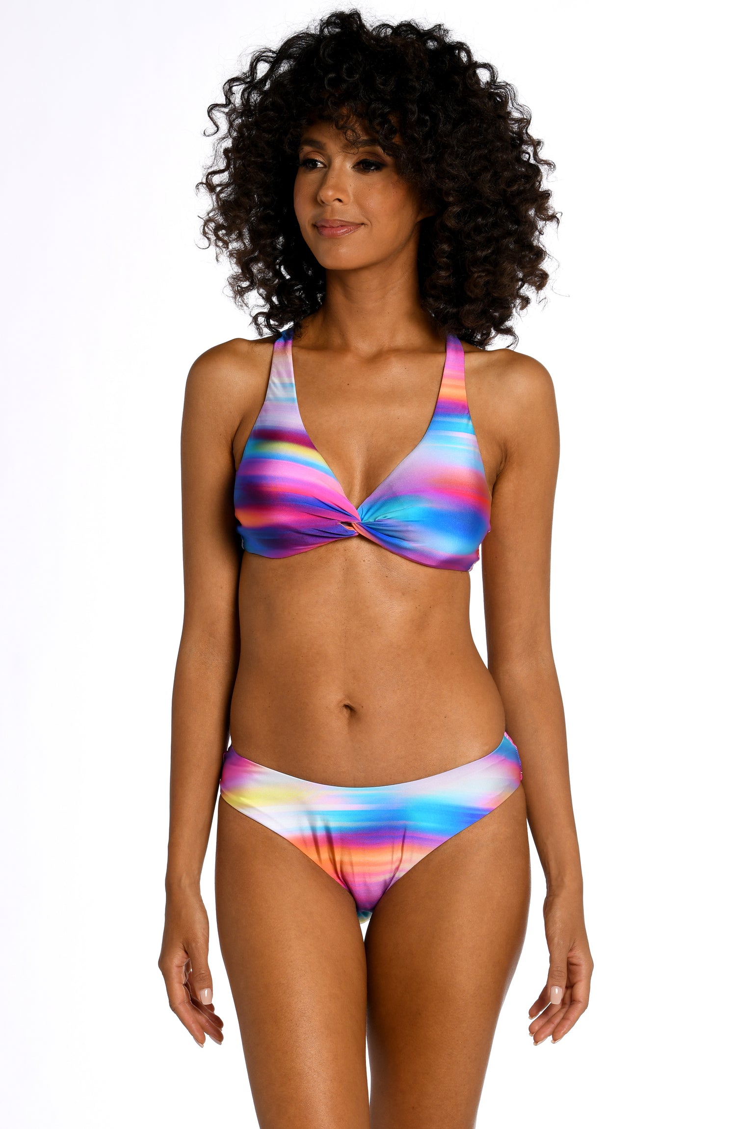 Model is wearing a multi colored ombre printed underwire twist front top from our Sunset Shores collection!