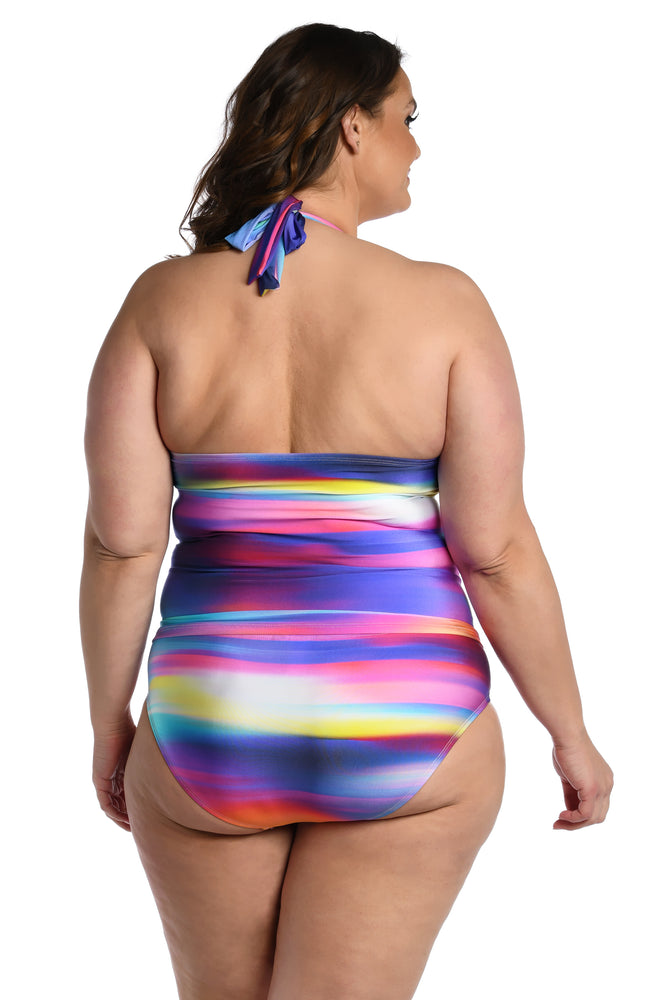 Model is wearing a multi colored ombre printed halter tankini top from our Sunset Shores collection!