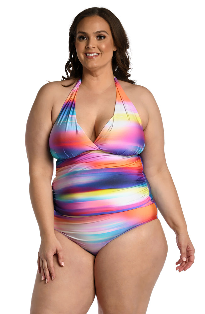 
            
                Load image into Gallery viewer, Model is wearing a multi colored ombre printed halter tankini top from our Sunset Shores collection!
            
        