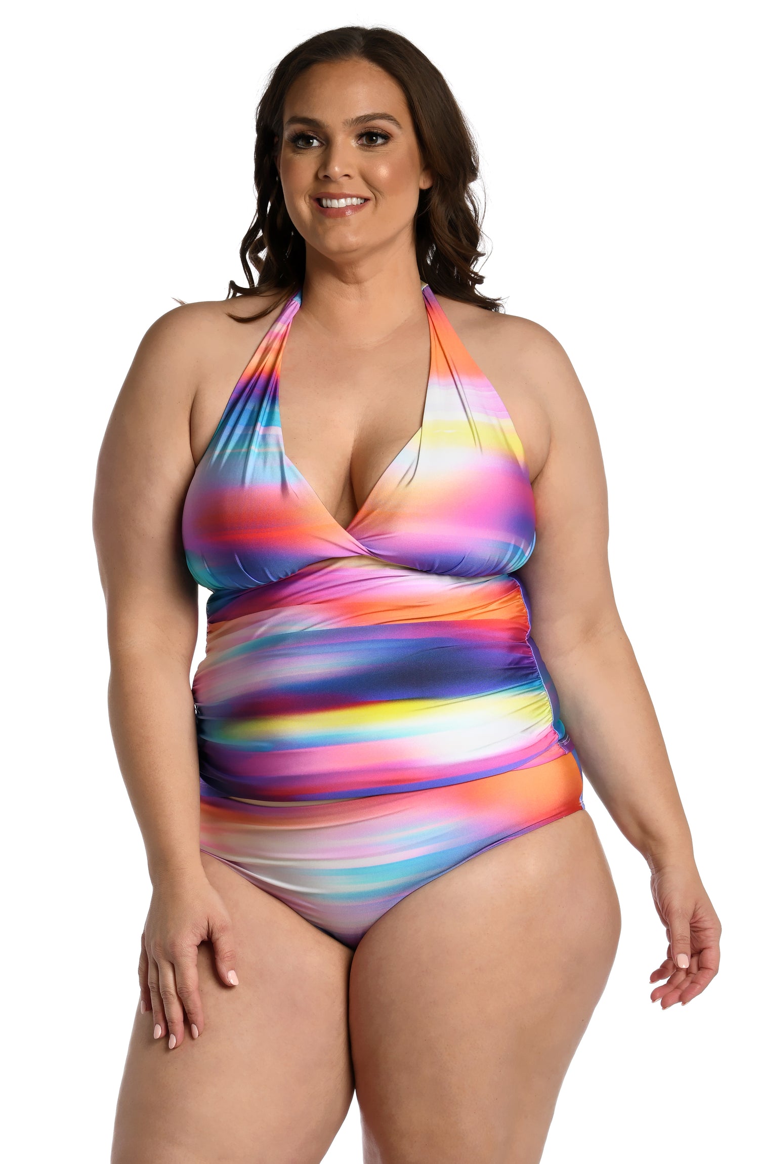 Model is wearing a multi colored ombre printed halter tankini top from our Sunset Shores collection!