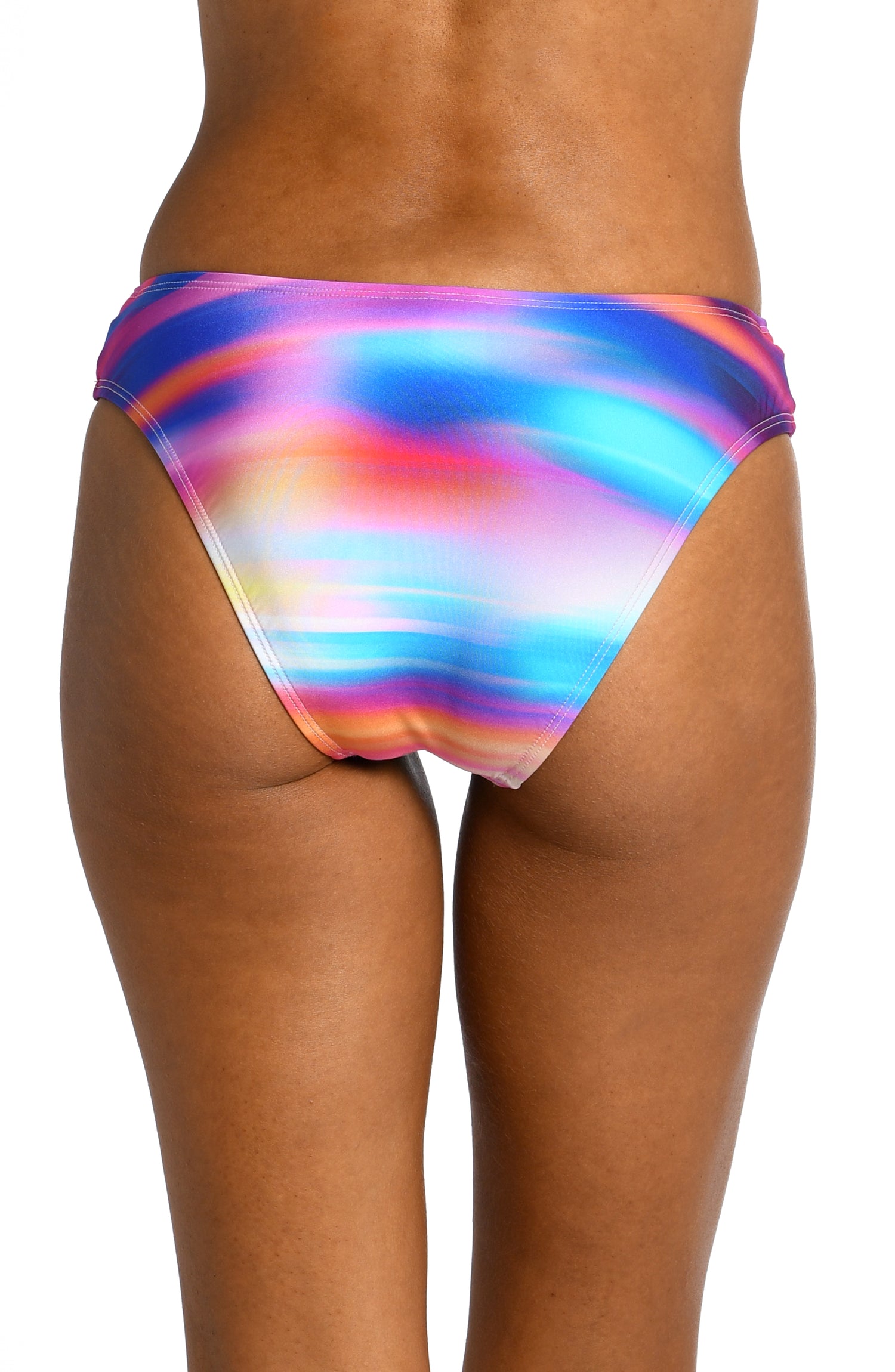Model is wearing a multi colored ombre printed hipster bottom from our Sunset Shores collection!