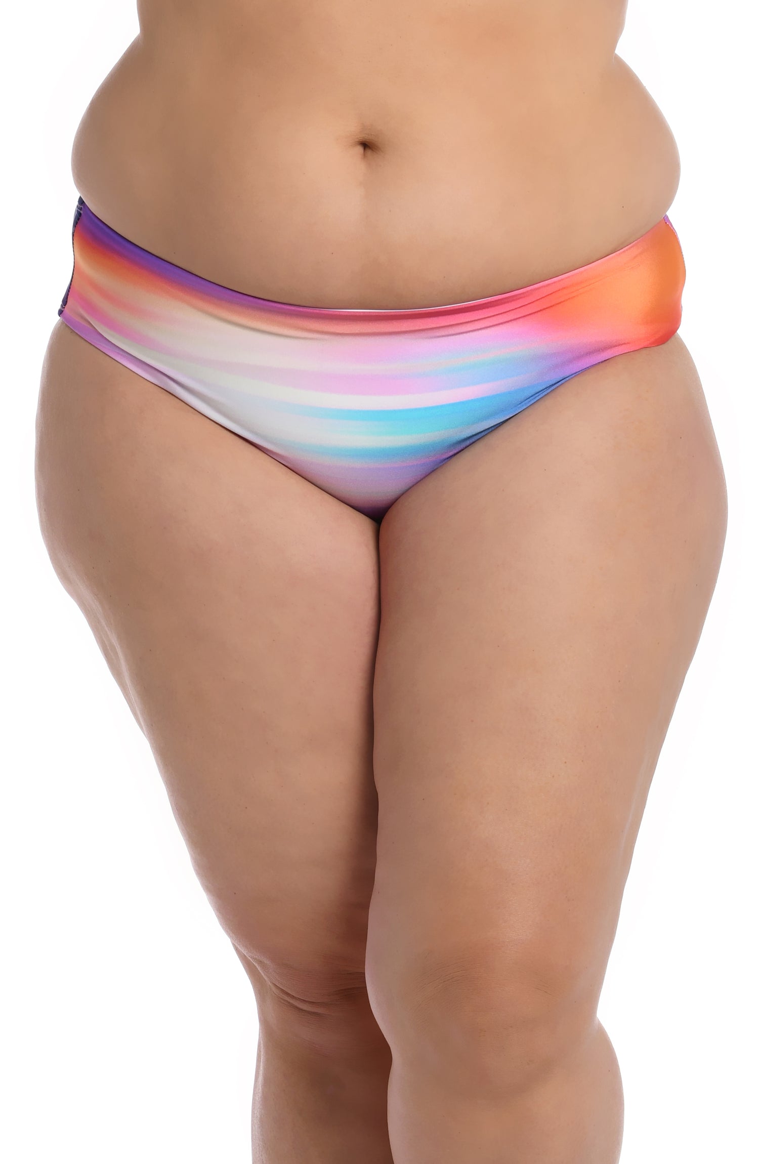 Model is wearing a multi colored ombre printed hipster bottom from our Sunset Shores collection!