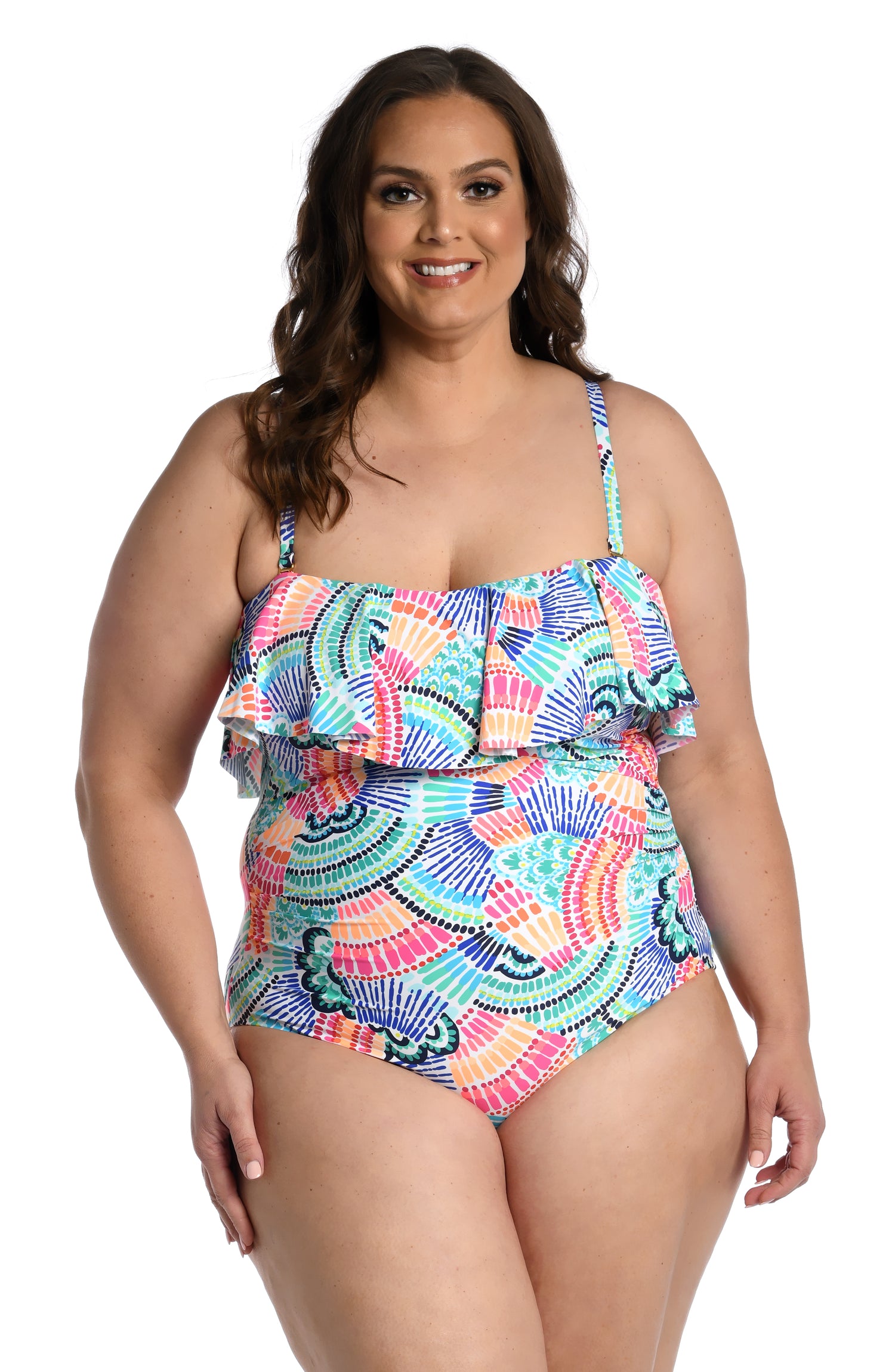 Model is wearing a multi colored geometric printed bandeau one piece from our Waves of Color collection!