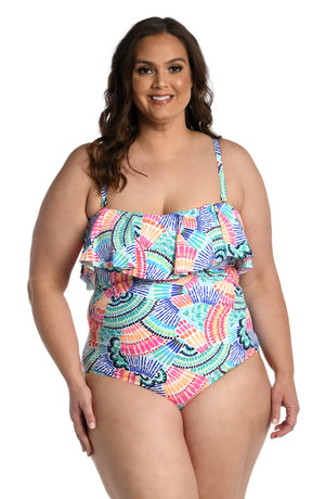 
            
                Load image into Gallery viewer, Model is wearing a multi colored geometric printed bandeau one piece from our Waves of Color collection!
            
        