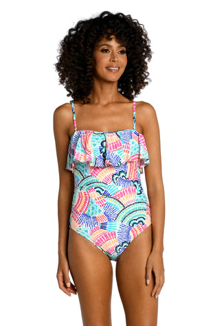 Model is wearing a multi colored geometric printed bandeau one piece from our Waves of Color collection!