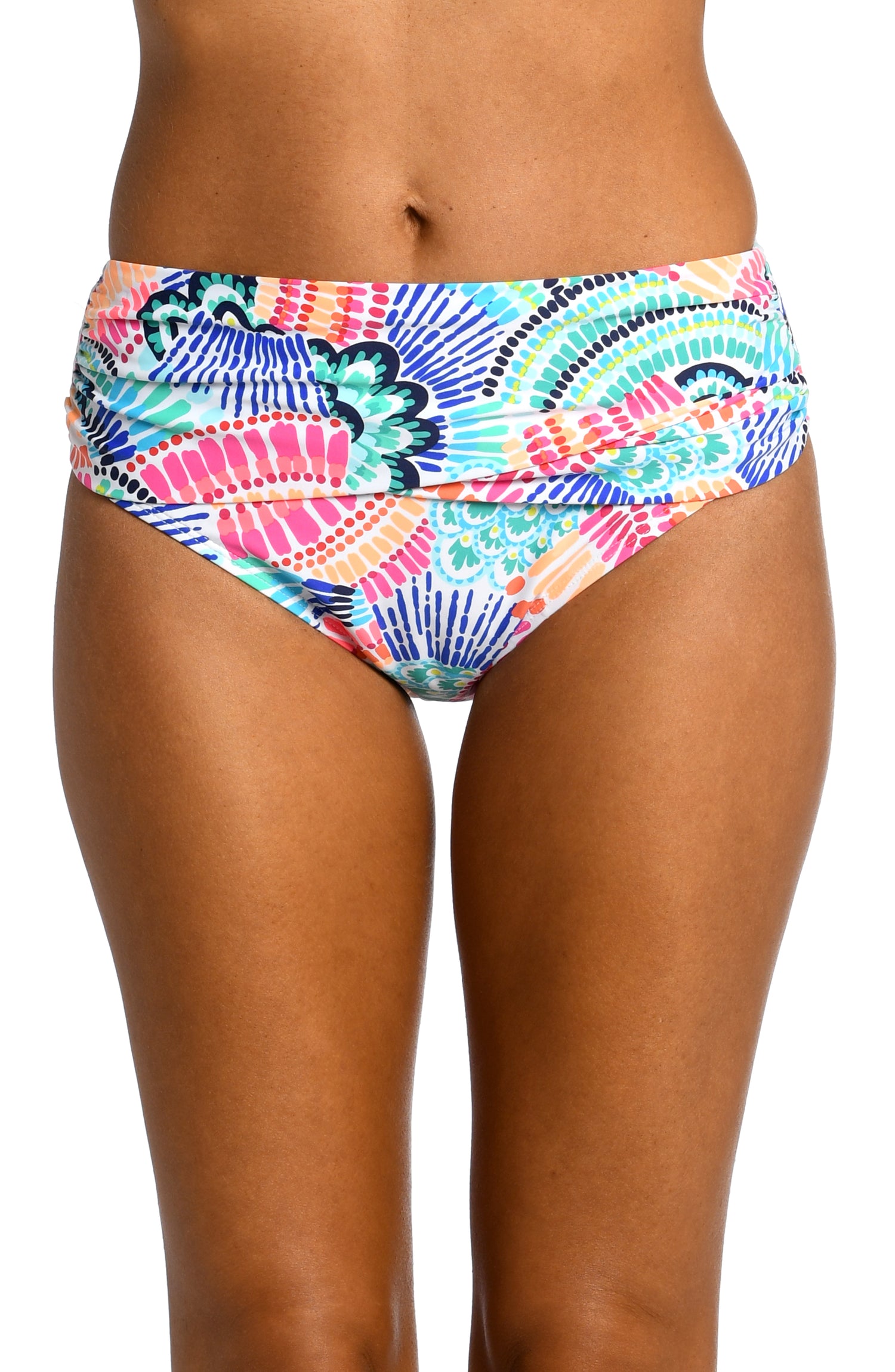 Model is wearing a multi colored geometric printed mid waist banded hipster bottom from our Waves of Color collection!