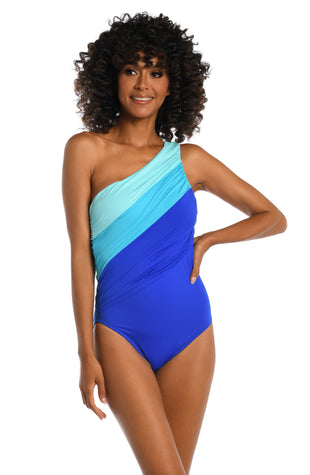 Model is wearing a ice blue colored one piece swimsuit from our Best-Selling Island Goddess collection.