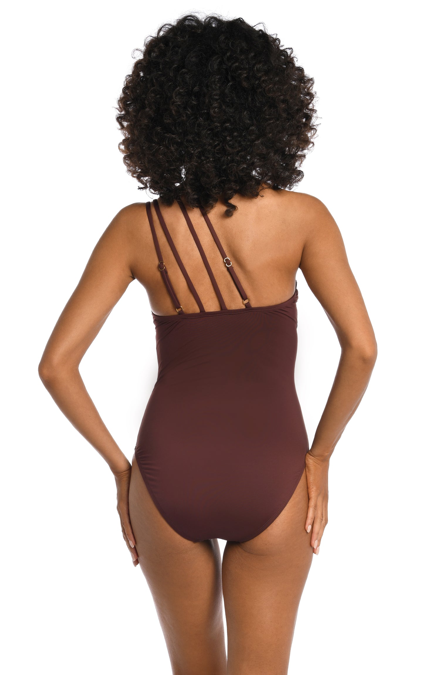 Model is wearing a java colored one piece swimsuit from our Best-Selling Island Goddess collection.