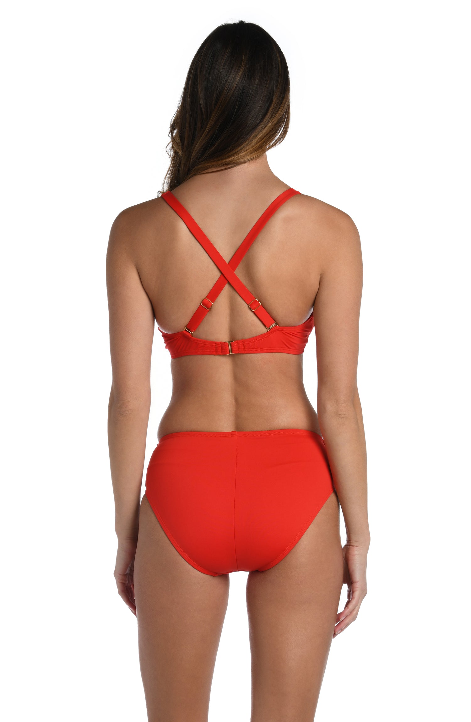 Model is wearing a cherry colored underwire swimsuit top from our Best-Selling Island Goddess collection.