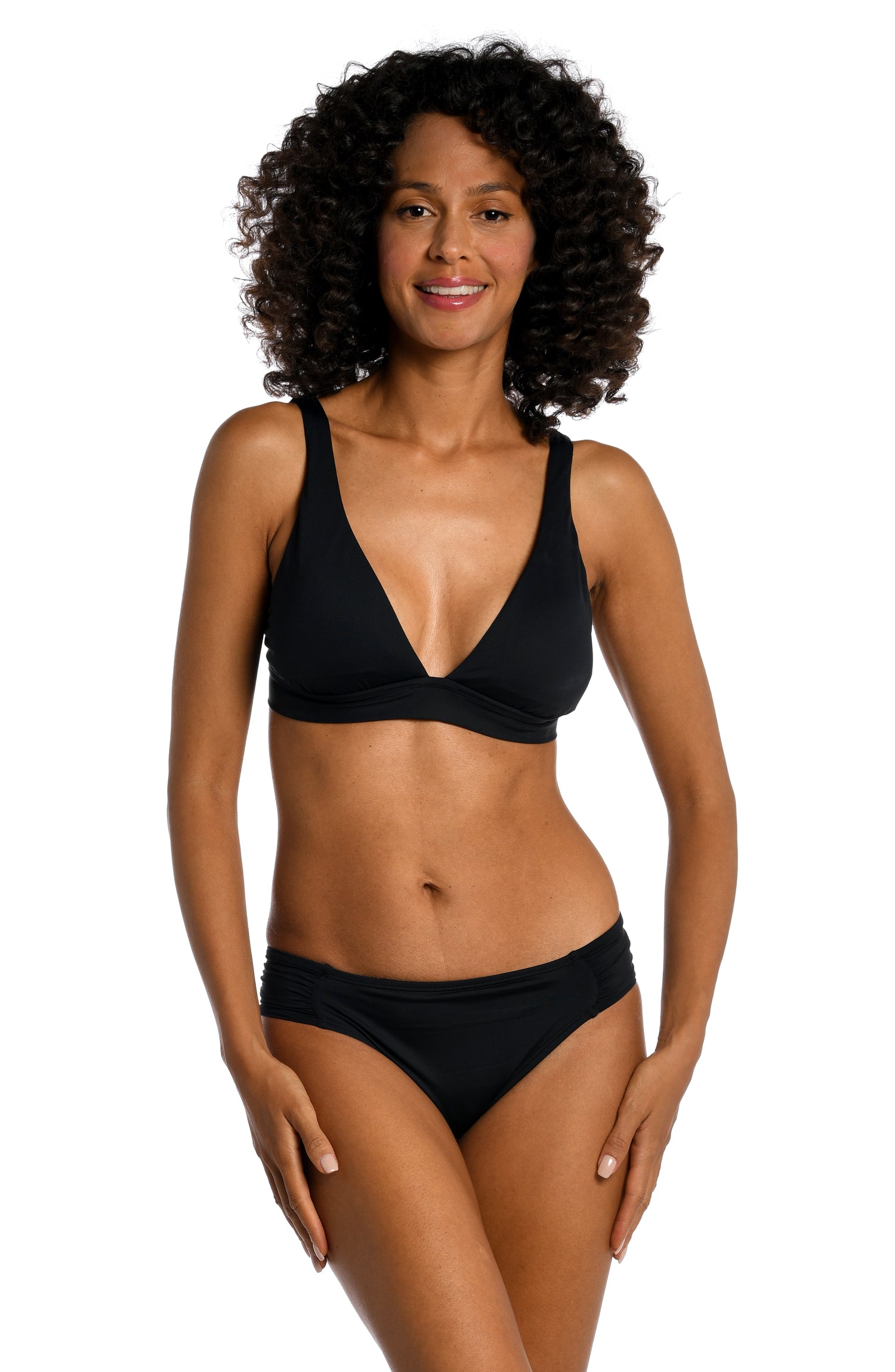 Model is wearing a black tall triangle swimsuit top from our Best-Selling Island Goddess collection.