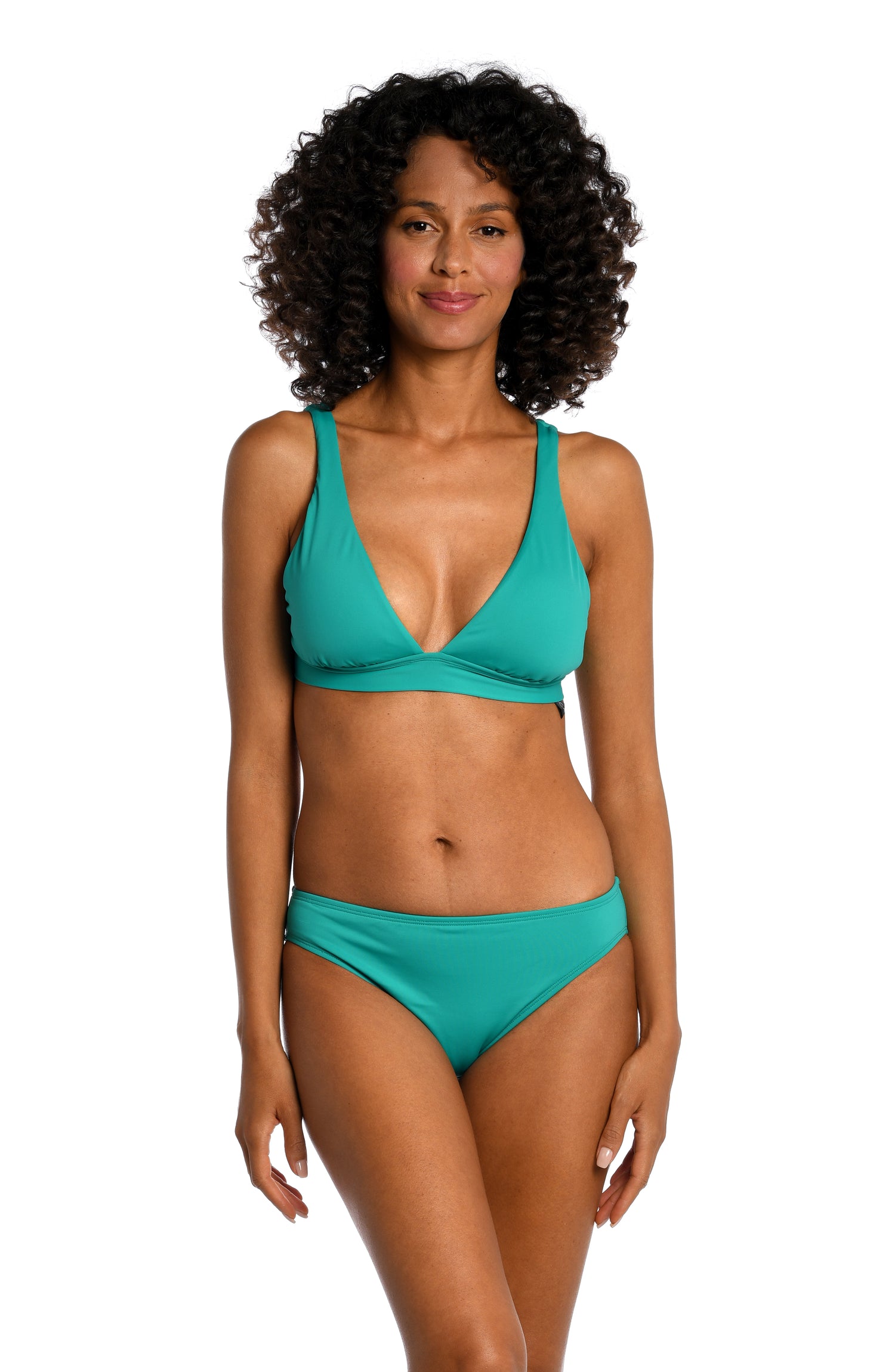 Model is wearing a emerald colored tall triangle swimsuit top from our Best-Selling Island Goddess collection.