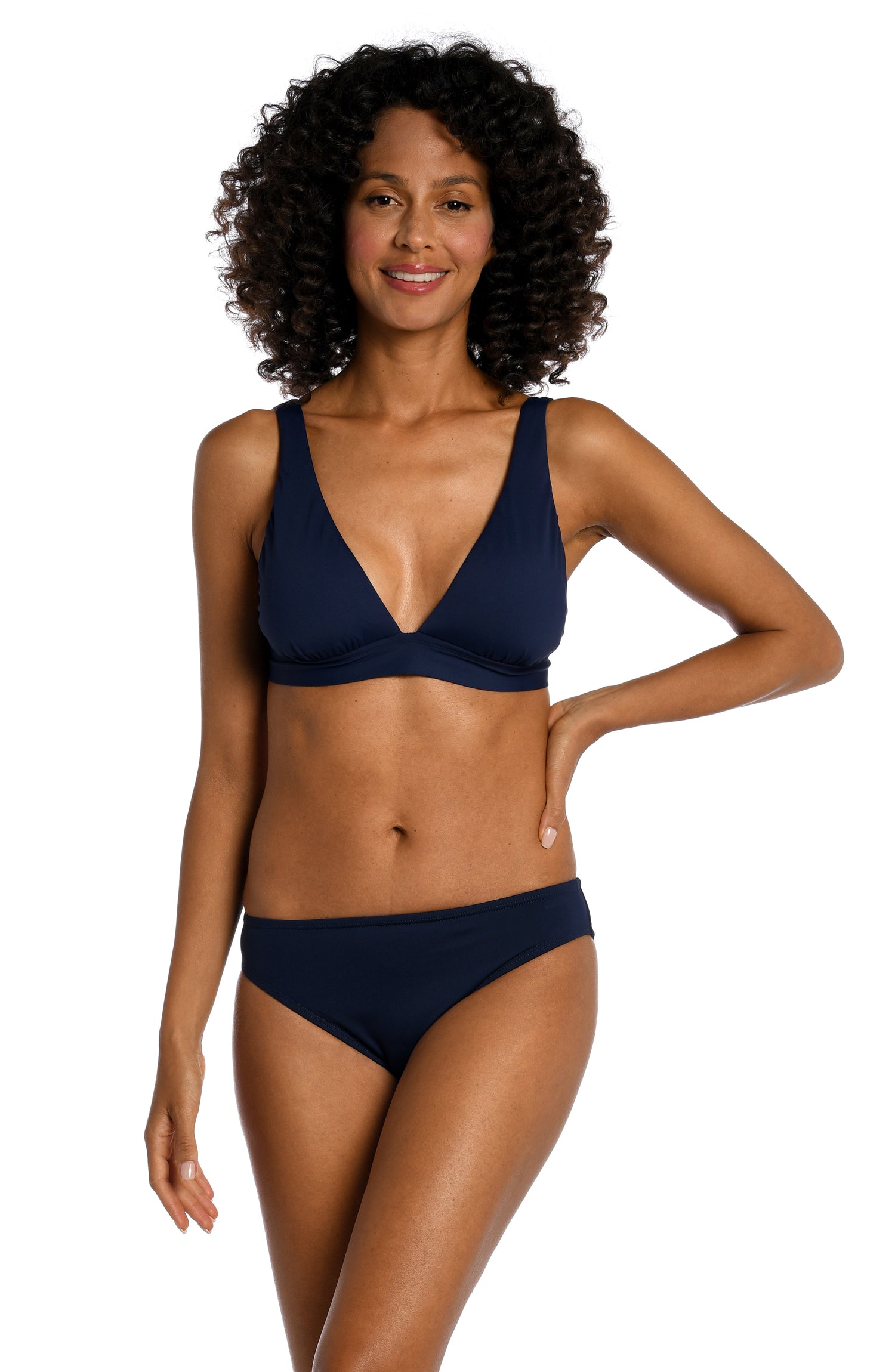 Model is wearing a indigo colored tall triangle swimsuit top from our Best-Selling Island Goddess collection.