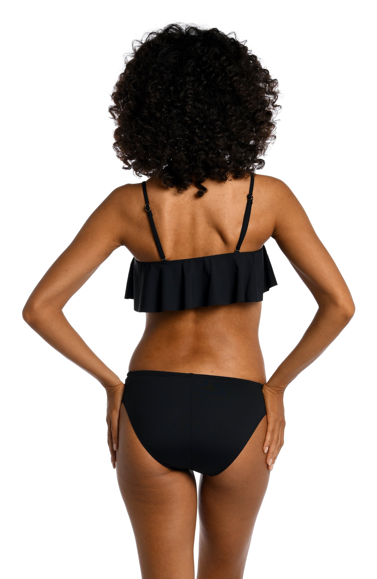 Model is wearing a black ruffle bandeau swimsuit top from our Best-Selling Island Goddess collection.