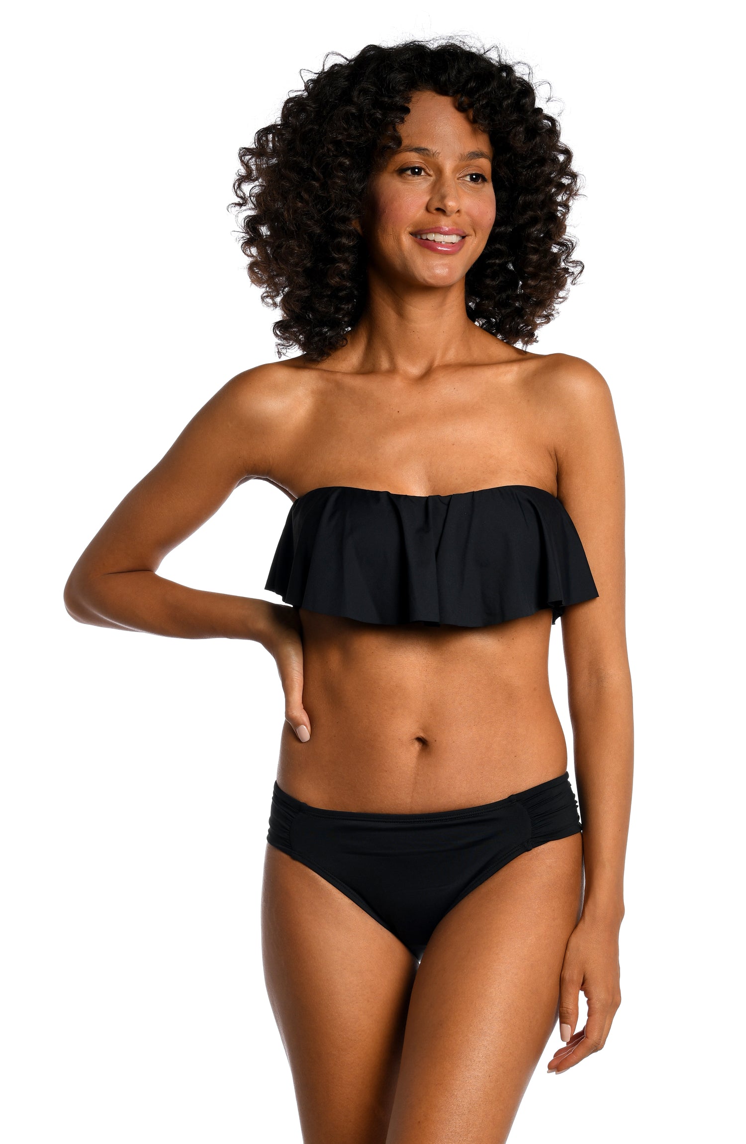 Model is wearing a black ruffle bandeau swimsuit top from our Best-Selling Island Goddess collection.