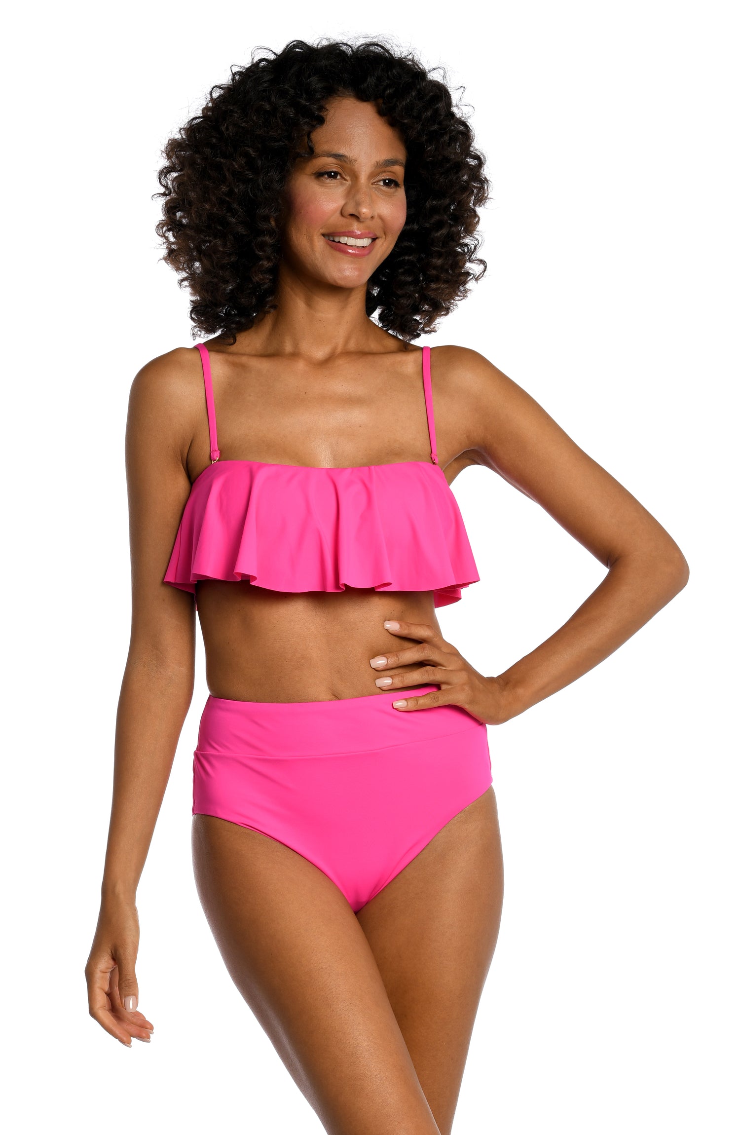 Model is wearing a pop pink colored ruffle bandeau swimsuit top from our Best-Selling Island Goddess collection.