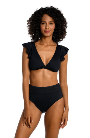 Model is wearing a black ruffle swimsuit top from our Best-Selling Island Goddess collection.
