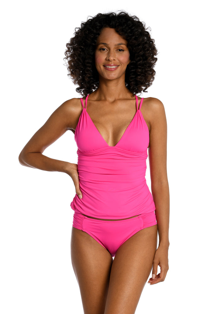 
            
                Load image into Gallery viewer, Model is wearing a pop pink colored tankini swimsuit top from our Best-Selling Island Goddess collection.
            
        