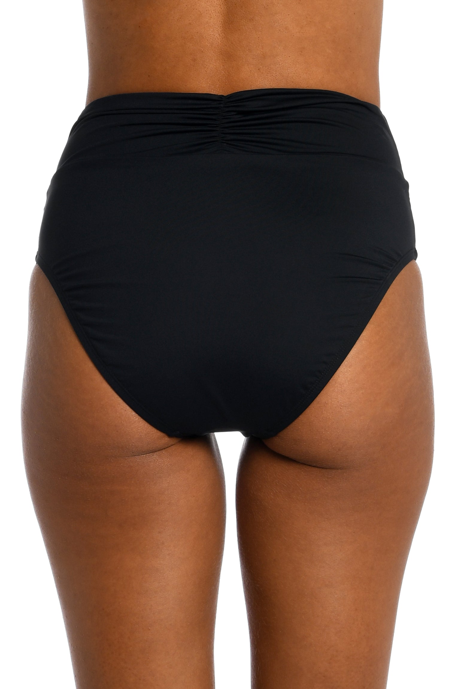 Model is wearing a black high waist swimsuit bottom from our Best-Selling Island Goddess collection.