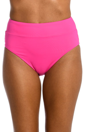 Model is wearing a pop pink colored high waist swimsuit bottom from our Best-Selling Island Goddess collection.