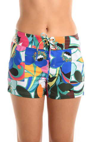 Model is wearing a multicolored bold floral printed 3" inseam board short bottom from our Sun Catcher collection. 