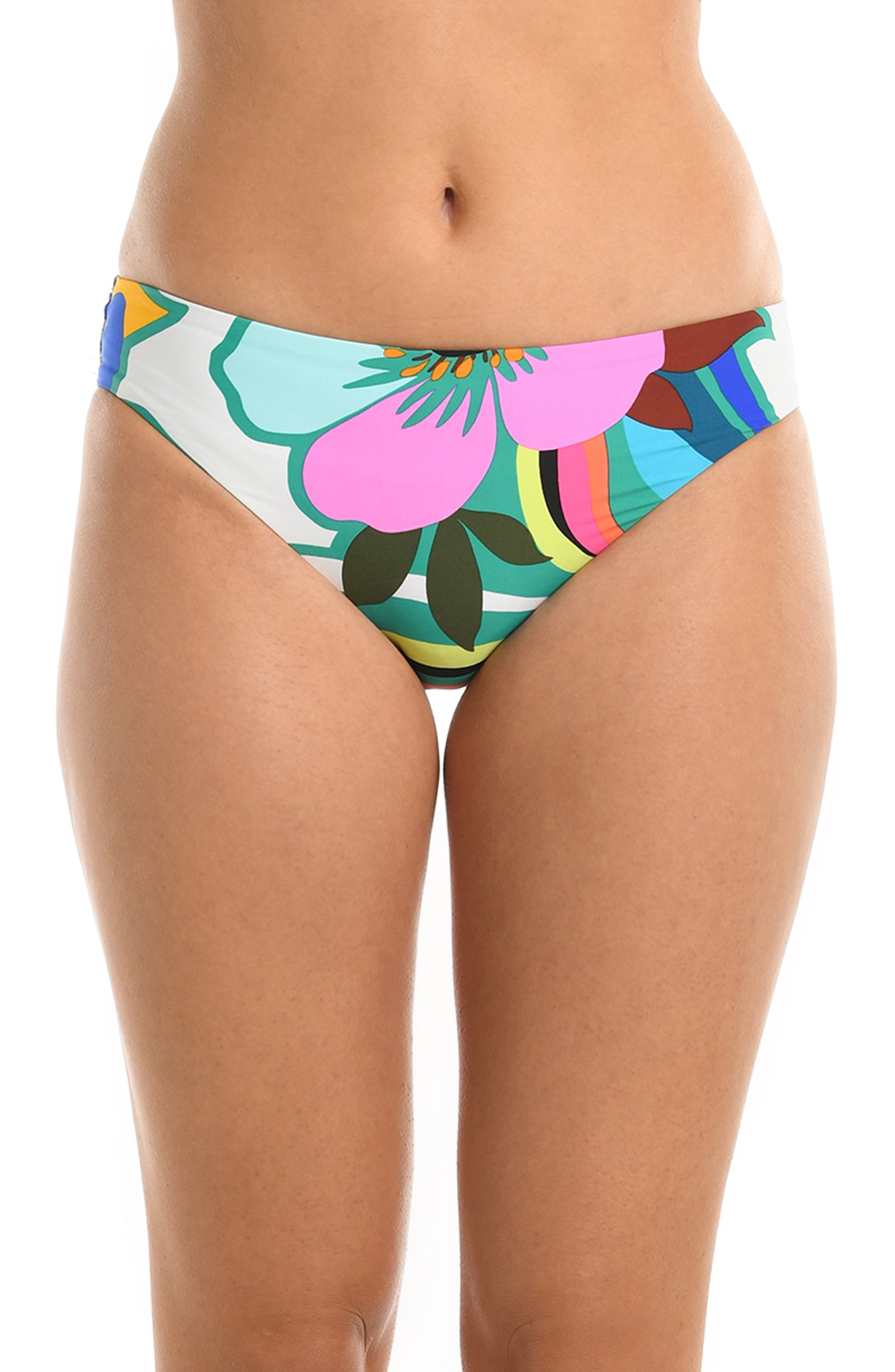 Model is wearing a multicolored bold floral printed hipster bikini bottom from our Sun Catcher collection. 