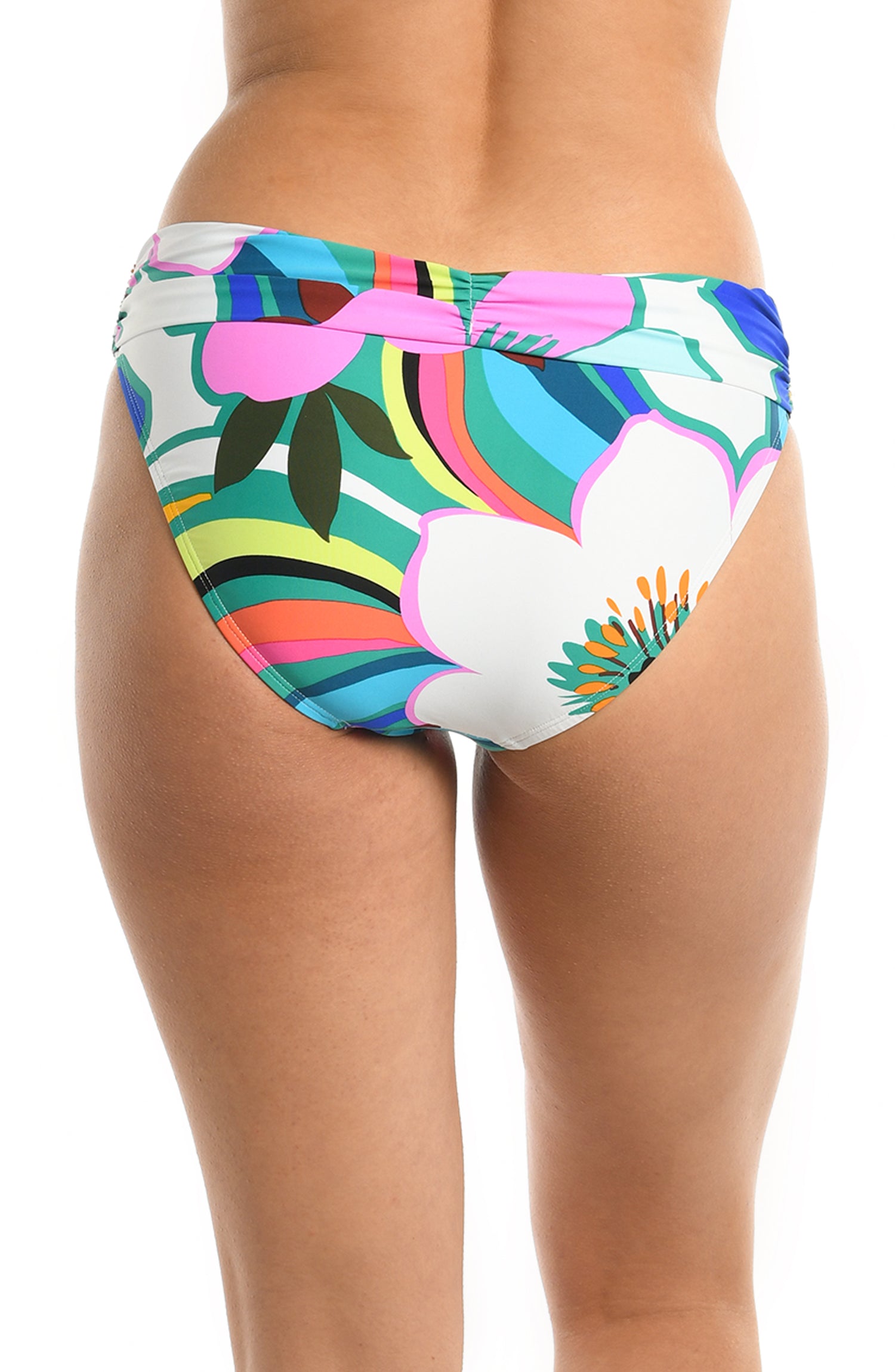 Model is wearing a multicolored bold floral printed shirred band hipster bikini bottom from our Sun Catcher collection. 