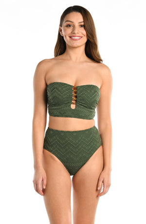 Model is wearing a forest green floral printed bandeau keyhole midkini top from our Saltwater Sands collection.