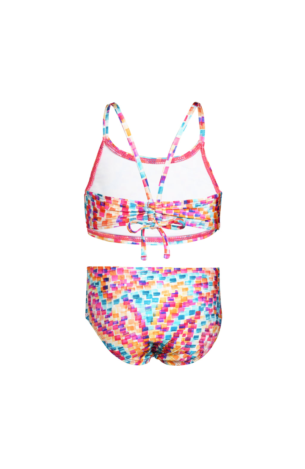 Toddler is wearing a pink multicolored paisley printed high neck top and hipster bottom set from our Mama and Me Pebble Beach collection.