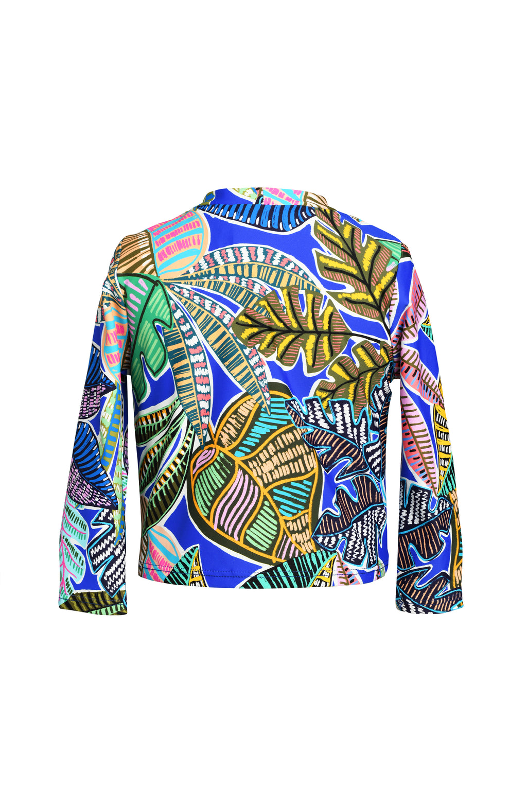 Toddler is wearing a neon colored tropical printed long sleeve rashguard top and hipster bottom set from our Mama and Me Neon Nights collection.