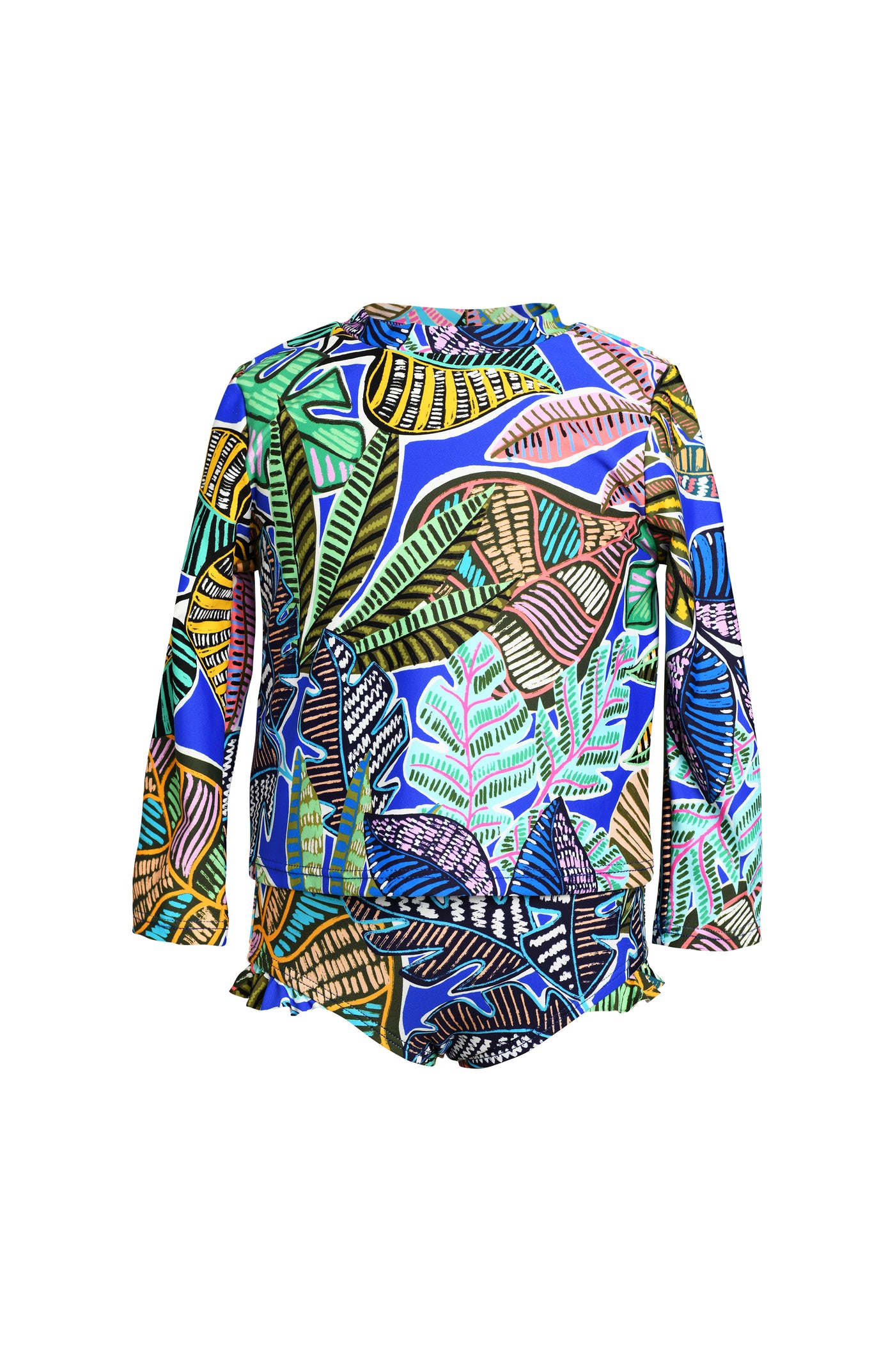 
                  
                    Toddler is wearing a neon colored tropical printed long sleeve rashguard top and hipster bottom set from our Mama and Me Neon Nights collection.
                  
                