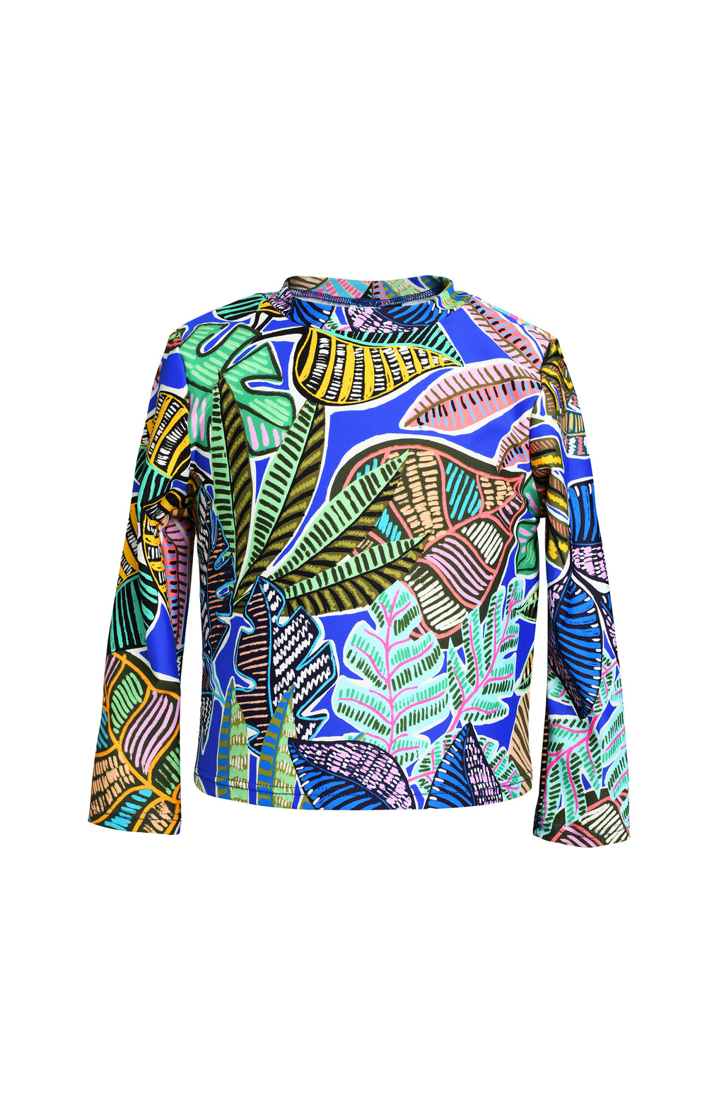 Toddler is wearing a neon colored tropical printed long sleeve rashguard top and hipster bottom set from our Mama and Me Neon Nights collection.