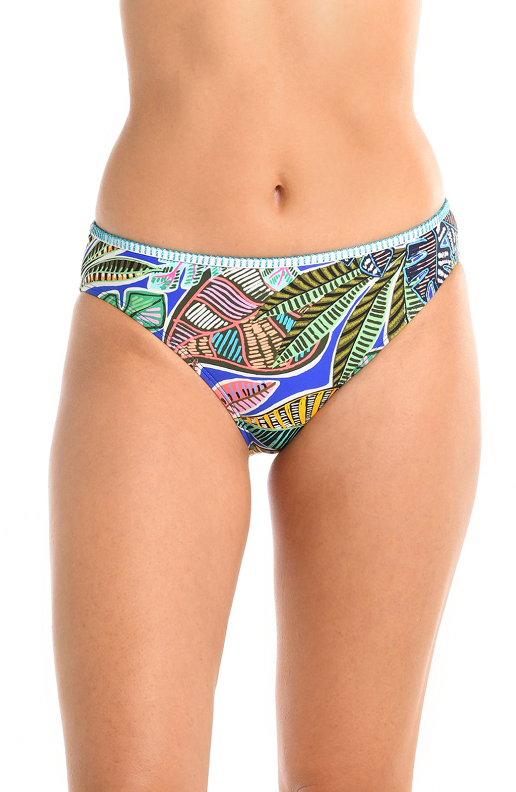 Model is wearing a neon colored tropical printed hipster bikini bottom from our Neon Nights collection.