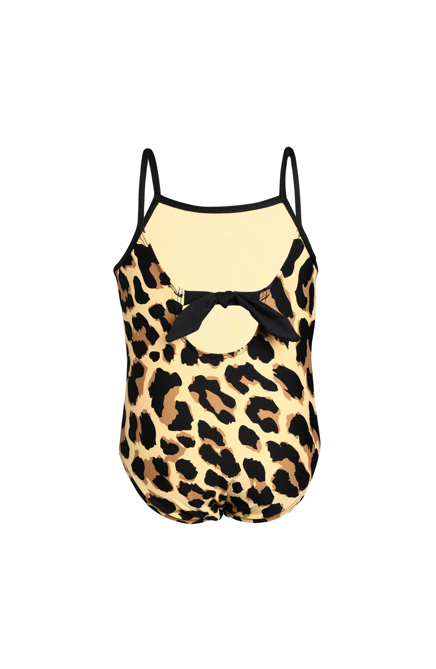 
                  
                    Toddler is wearing a black and tan leopard printed high neck one piece from our Mama and Me Running Wild collection.
                  
                